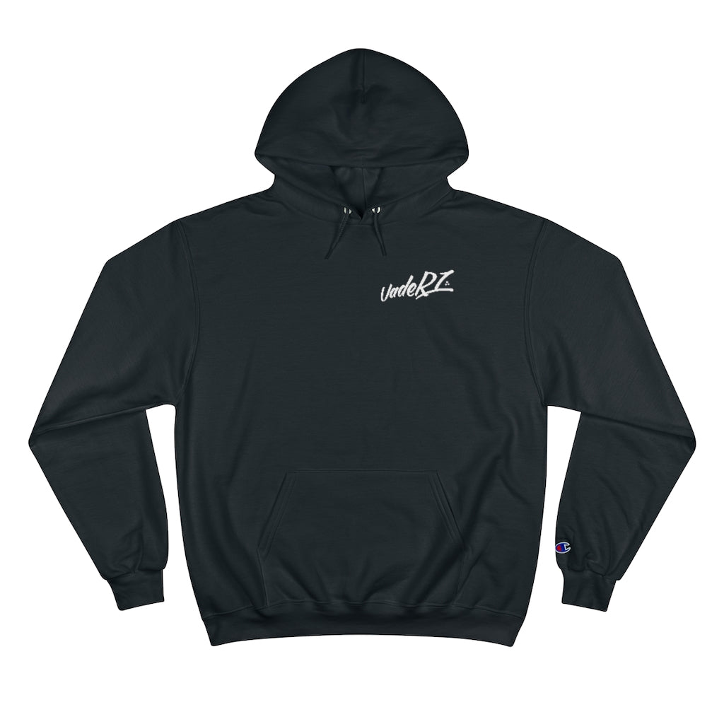 Black champion hoodie store with white writing